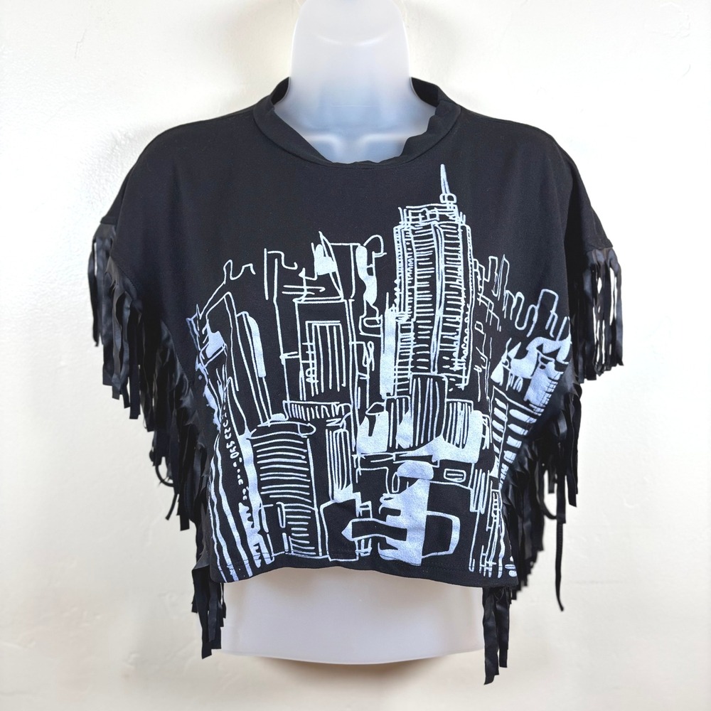 Vintage Y2K Fringe Crop Top Womens M Black Cityscape Graphic Open Sides Ties USA
